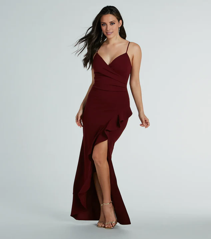 LD V collar off shoulder sleeveless thin shoulder strap open back side slit and floor length evening dress