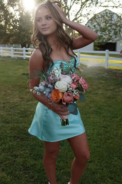 LD Strapless Keyhole Satin Sleeveless Backless Short Homecoming Dress