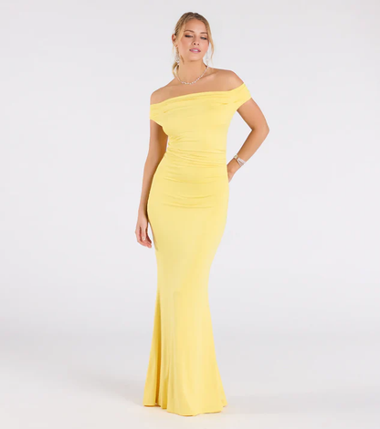 LD asymmetrical collar off shoulder sleeveless and floor length Prom dress