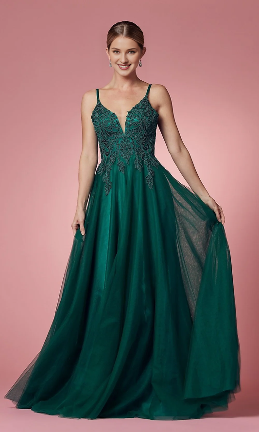 A-shaped fitted V-neck embroidered bead decal and floor length Prom dress