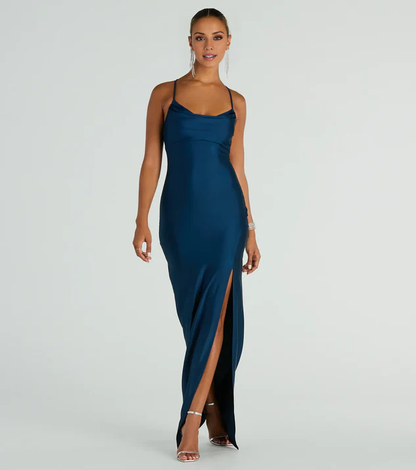 LD square neckline off shoulder sleeveless thin shoulder strap open back side slit and floor length Prom dress