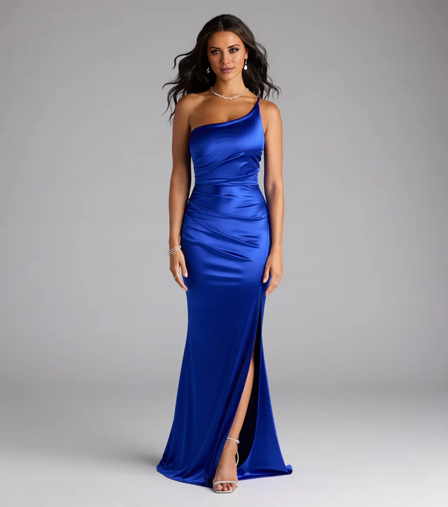 LD asymmetrical neckline off shoulder sleeveless backless side slit and floor length Prom dress