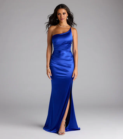 LD asymmetrical neckline off shoulder sleeveless backless side slit and floor length Prom dress