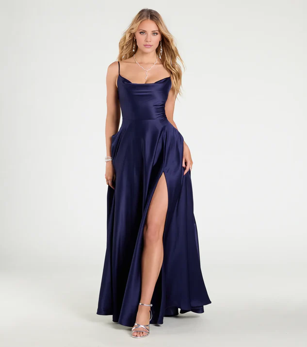 LD square neckline sleeveless thin shoulder strap backless strap side slit and floor length evening dress