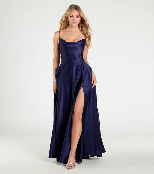LD square neckline sleeveless thin shoulder strap backless strap side slit and floor length evening dress