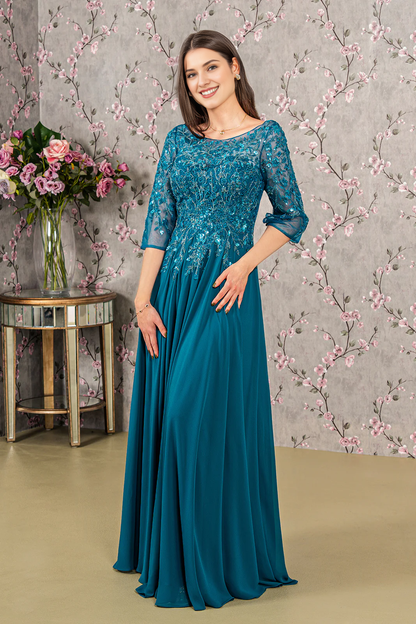 Pearl embroidery 3/4 sleeve chiffon long mother of the bride dress