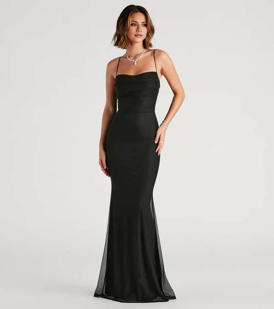 LD mermaid square neckline thin shoulder strap sleeveless backless and floor length Prom dress