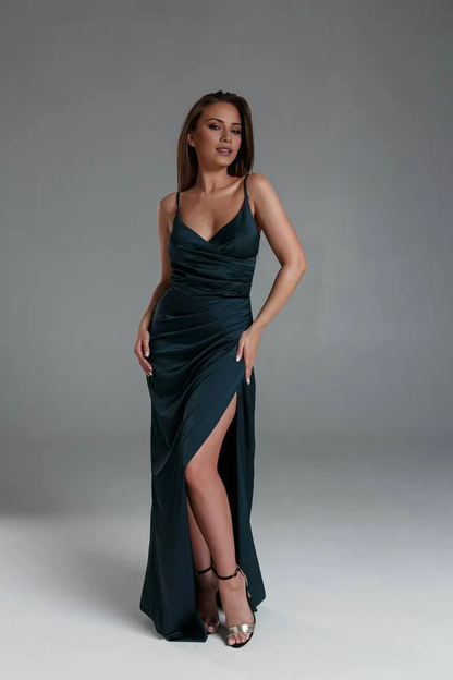 LD V-neck sleeveless thin shoulder strap with backless side slit and floor length Prom dress