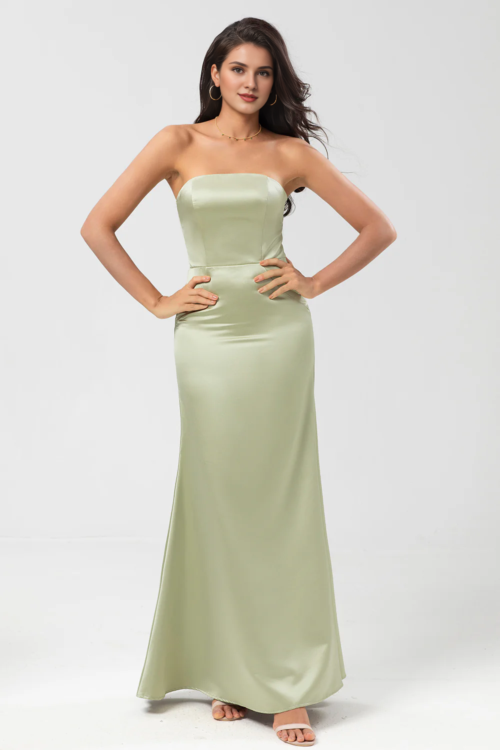 Dusty Sage Tail Strapless and Satin Bridesmaid Dress