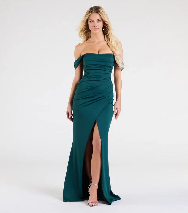 LD off shoulder collar sleeveless backless side slit and floor length Prom dress
