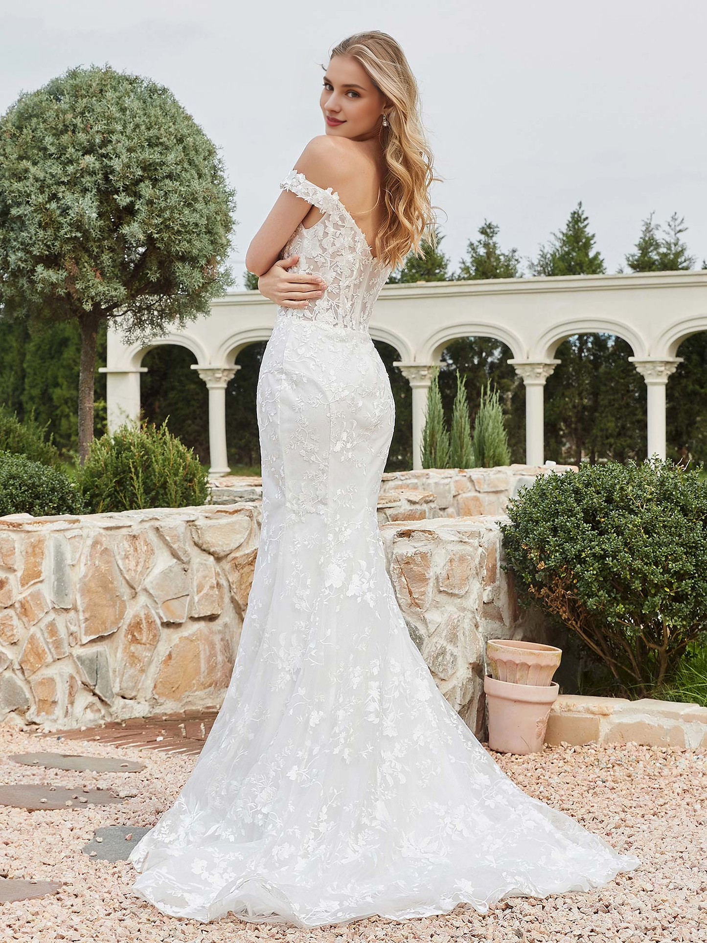 Off shoulder applique tight lace bridal gown