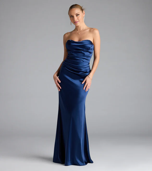 LD off shoulder collar sleeveless strapless backless and floor length evening dress