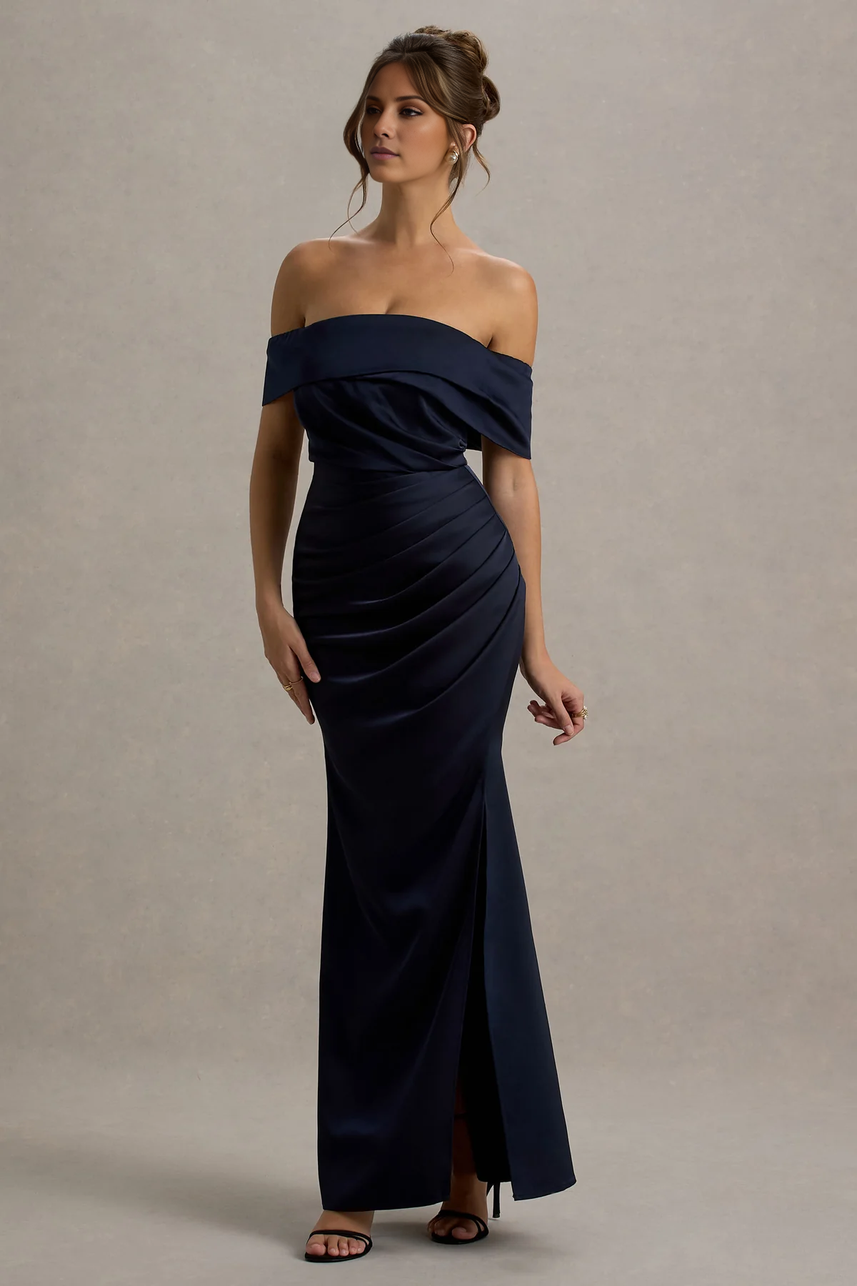 LD - Shoulder less collar satin strapless backless and floor length Prom dress