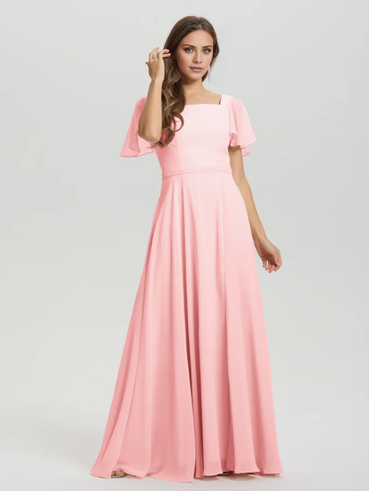 A-line square collar ruffled short sleeved and ground chiffon bridesmaid dress