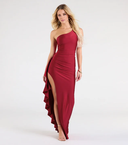 LD asymmetrical collar off shoulder sleeveless backless side slit and floor length Prom dress