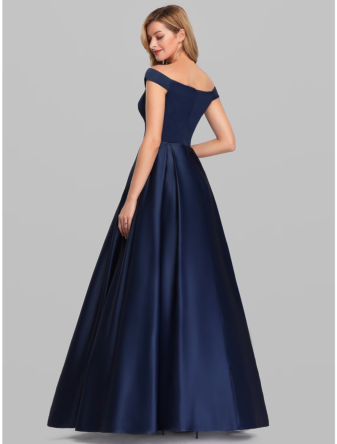Elegant Prom Birthday Dress Off Shoulder Short Sleeve Floor Length Satin with Pleats
