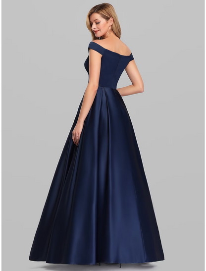 Elegant Prom Birthday Dress Off Shoulder Short Sleeve Floor Length Satin with Pleats