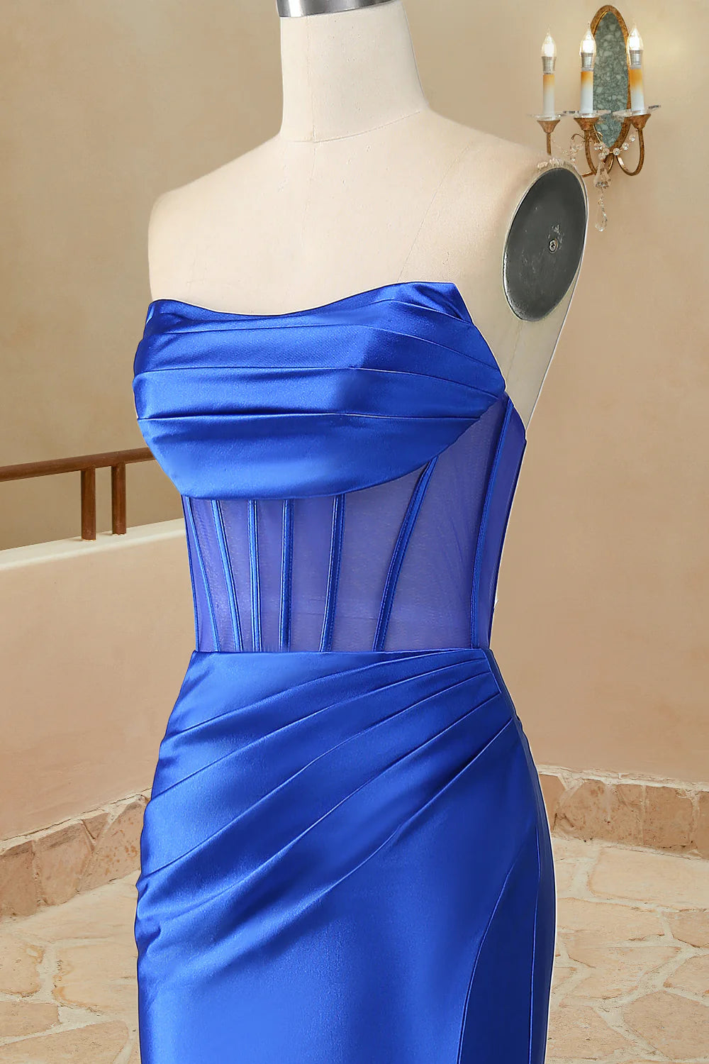 Sheath Satin Strapless Pleated Boning Sheer Long Prom Dress with Slit