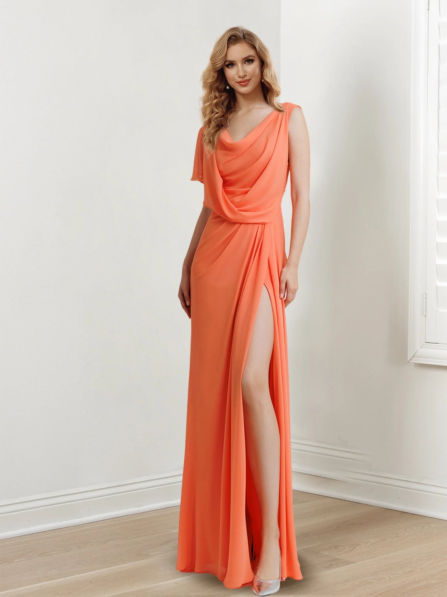 Slim fit/column low round sleeveless and floor length slit evening dress