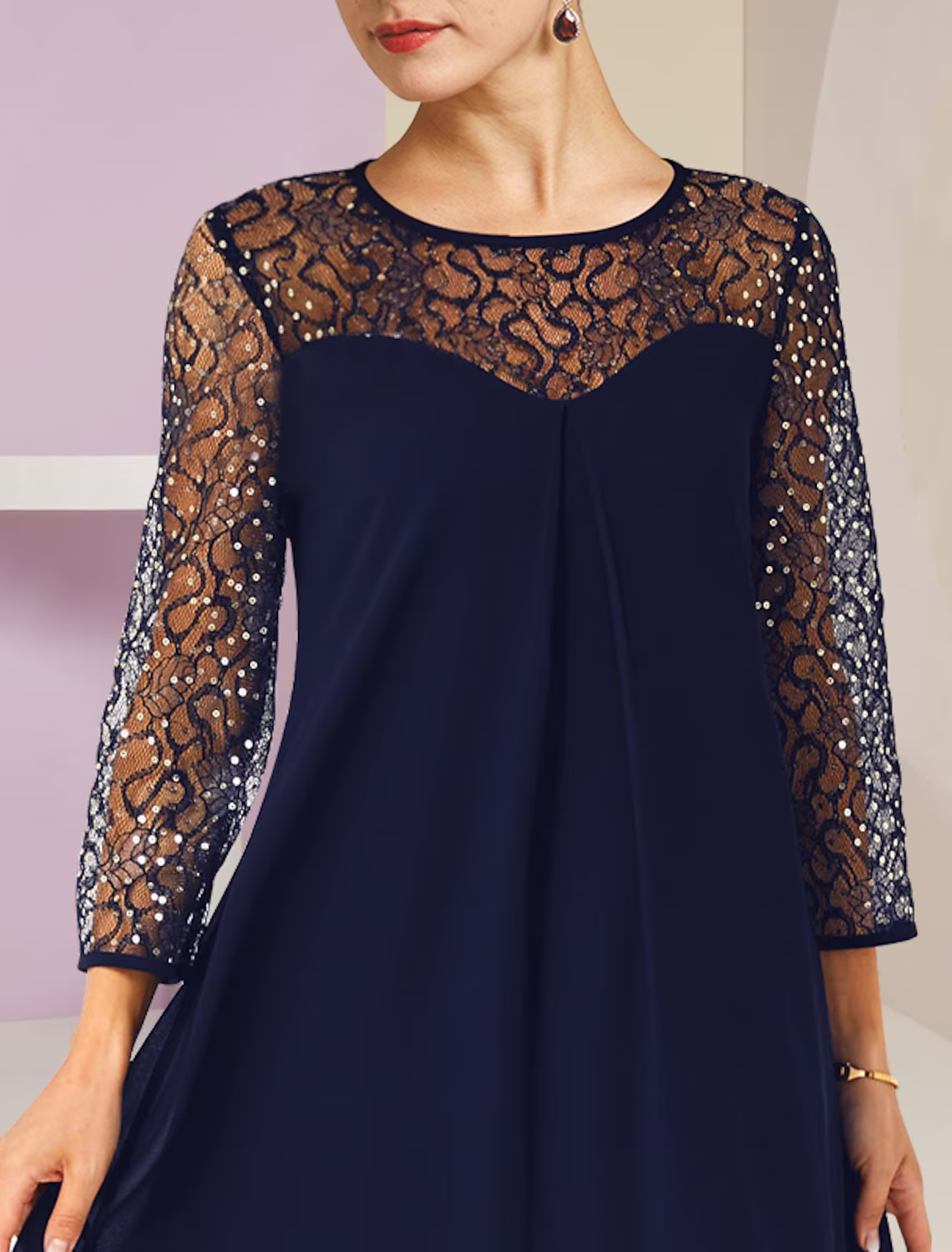 A-Line Mother of the Bride Dress Formal Wedding Guest Elegant Scoop Neck Knee Length Lace Sleeve with Sequin
