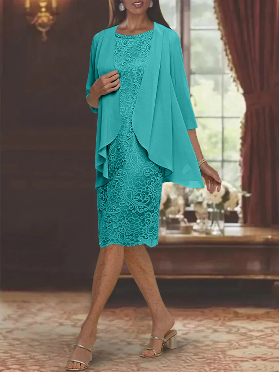 Tight/cylindrical gemstone collar tea length mother of the bride dress