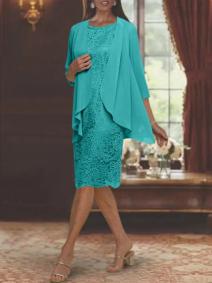 Tight/cylindrical gemstone collar tea length mother of the bride dress