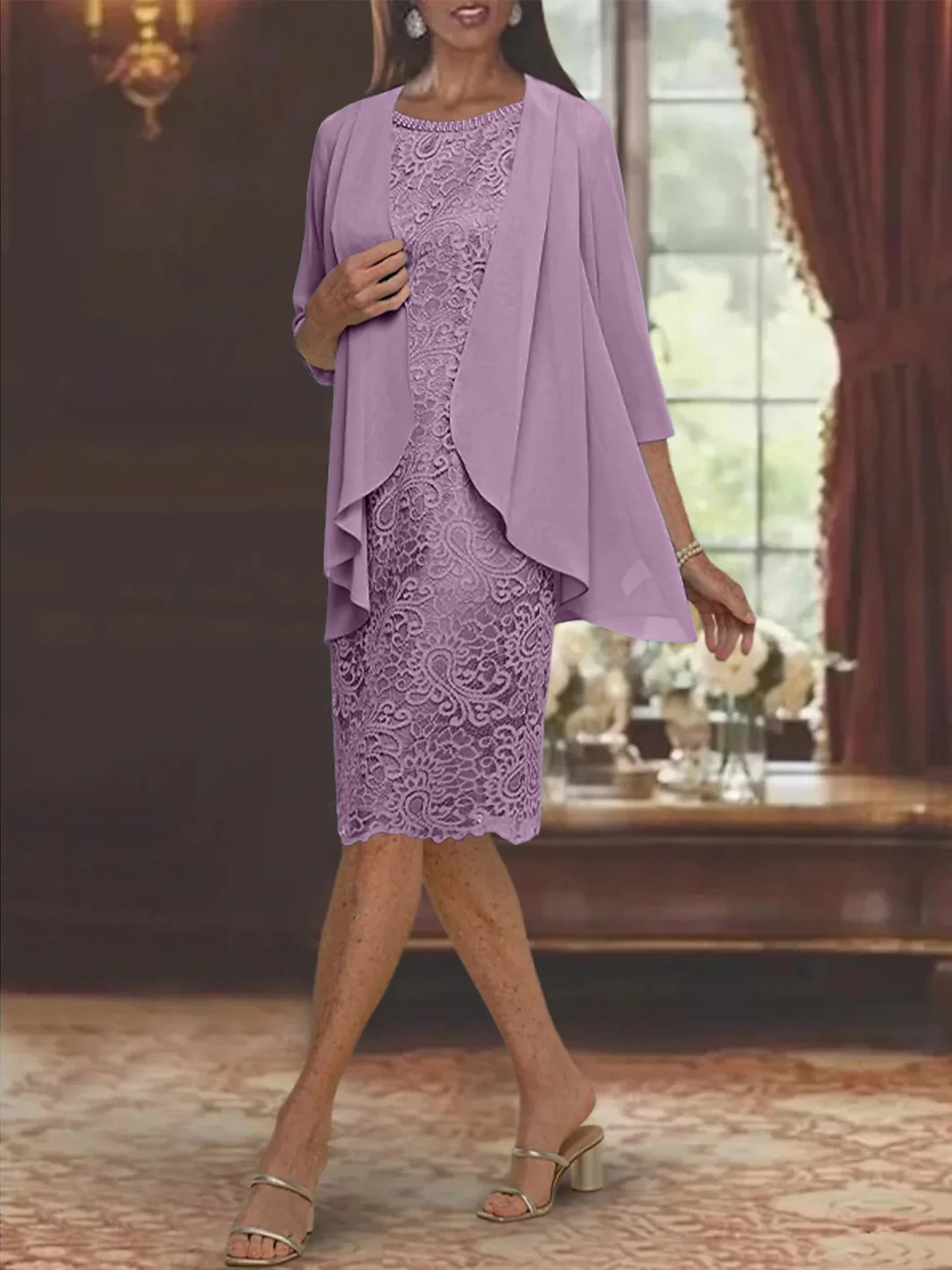 Tight/cylindrical gemstone collar tea length mother of the bride dress