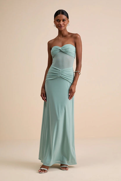 Strapless Mesh Evening Dresses with Twist Detail, Ruched Waist and Floor-Length Formal Gown
