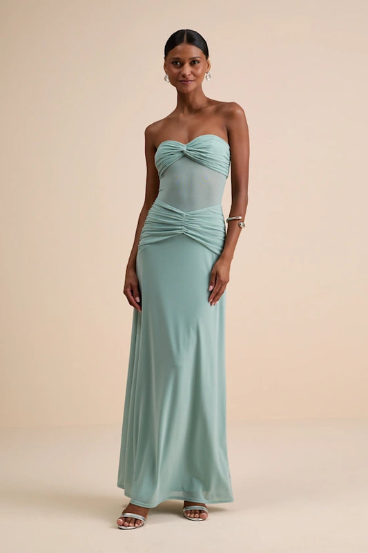 Strapless Mesh Evening Dresses with Twist Detail, Ruched Waist and Floor-Length Formal Gown