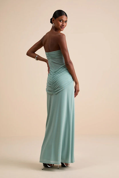 Strapless Mesh Evening Dresses with Twist Detail, Ruched Waist and Floor-Length Formal Gown