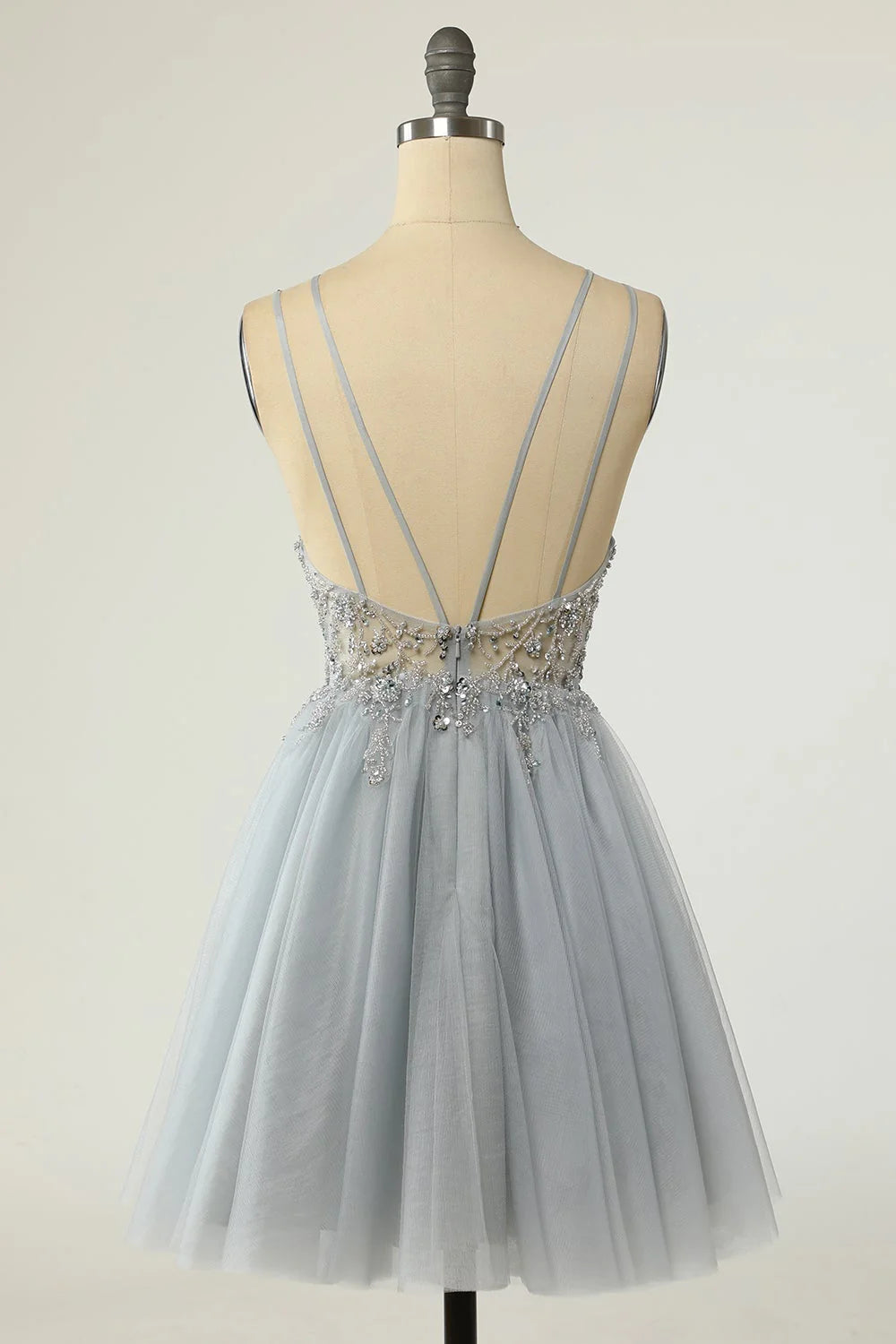 Gorgeous A-line thin shoulder strap with gray beaded short Cocktail Dresses