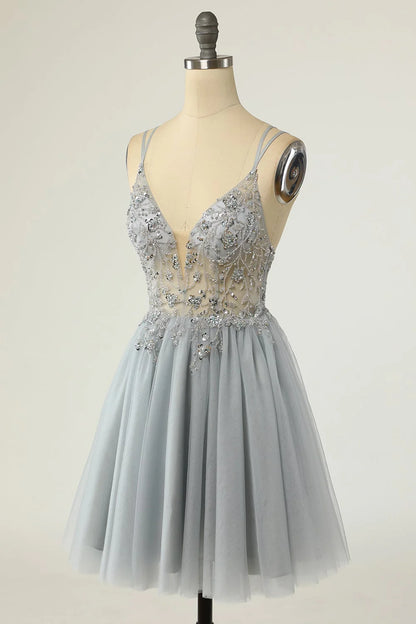 Gorgeous A-line thin shoulder strap with gray beaded short Cocktail Dresses