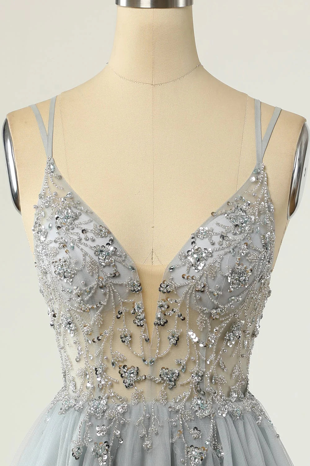 Gorgeous A-line thin shoulder strap with gray beaded short Cocktail Dresses