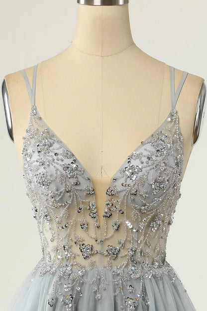 Gorgeous A-line thin shoulder strap with gray beaded short Cocktail Dresses