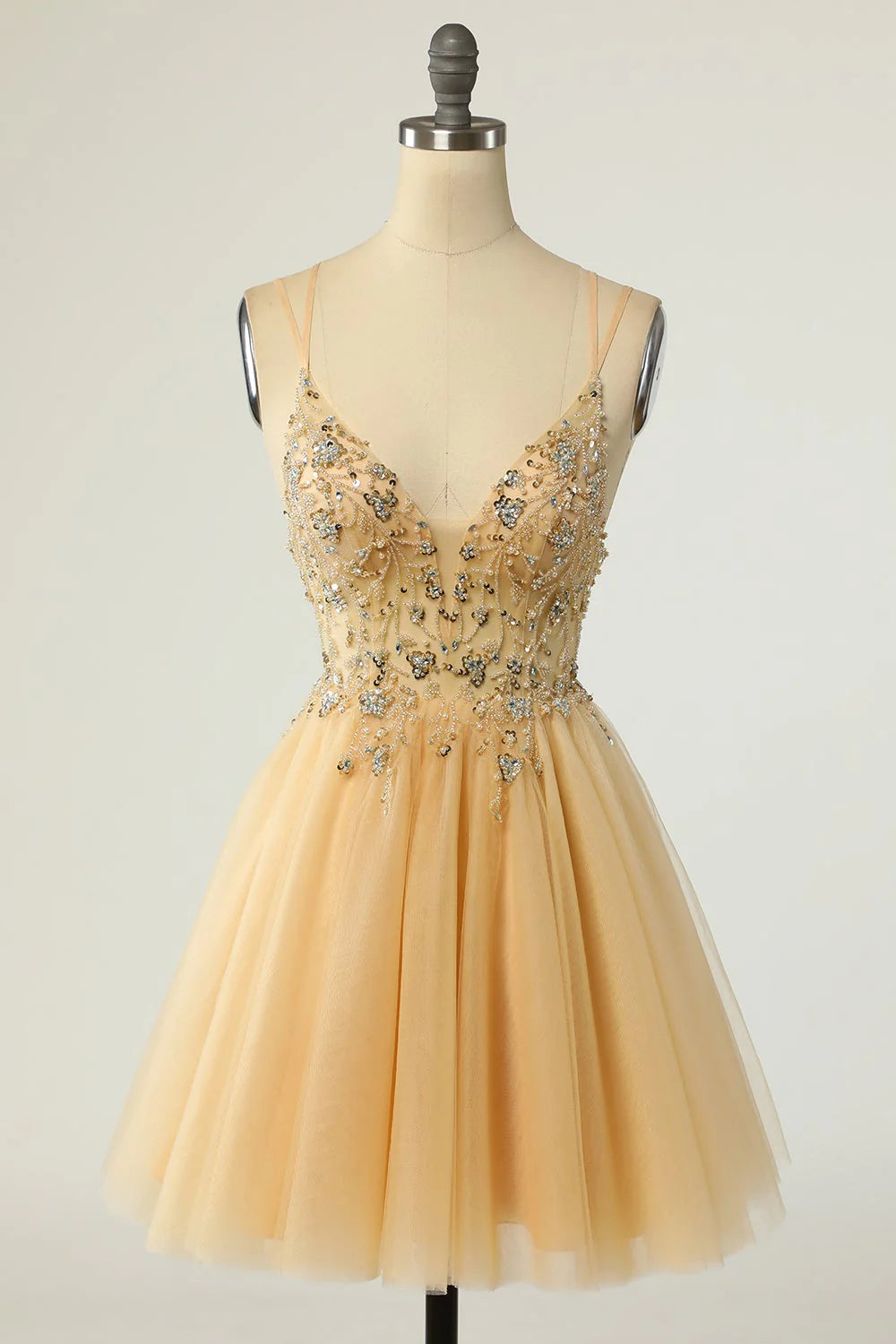 Gorgeous A-line thin shoulder strap with gray beaded short Cocktail Dresses