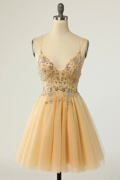 Gorgeous A-line thin shoulder strap with gray beaded short Cocktail Dresses