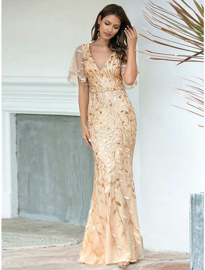Evening Gown Sparkle Dress Wedding Guest Floor Length Short Sleeve V Neck Tulle with Sequin