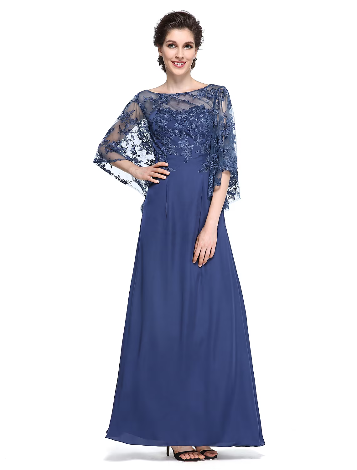 Mother of the Bride Dress Elegant Neck Ankle Length Chiffon Lace Half Sleeve with Lace