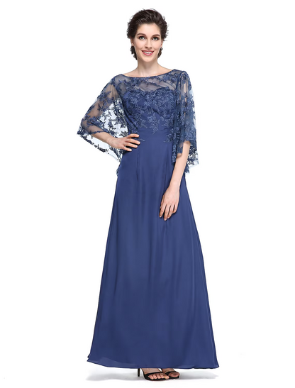 Mother of the Bride Dress Elegant Neck Ankle Length Chiffon Lace Half Sleeve with Lace