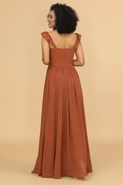 Red earth A-line ruffled and ground chiffon bridesmaid dress
