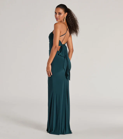 LD square neckline off shoulder sleeveless thin shoulder strap backless side slit and floor length Prom dress
