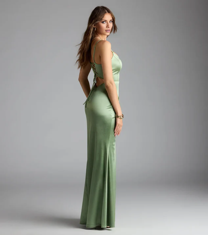 LD square neckline off shoulder sleeveless backless side slit and floor length Prom dress