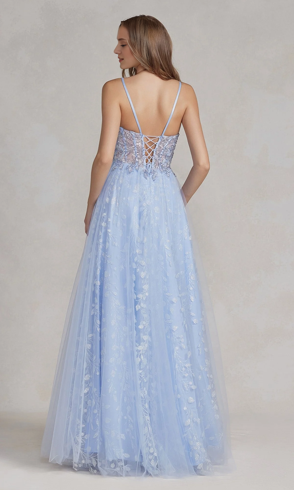 A-line V-neck transparent lace tight corset and floor length Prom dress