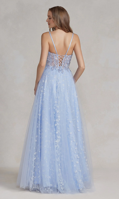 A-line V-neck transparent lace tight corset and floor length Prom dress
