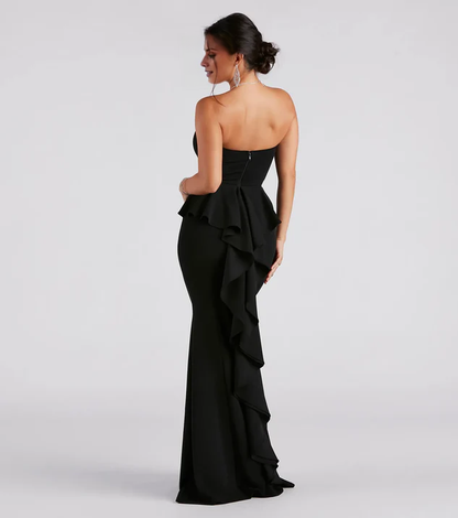 LD off shoulder collar sleeveless strapless backless and floor length evening dress
