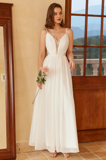 White thin shoulder strap minimalist wedding dress