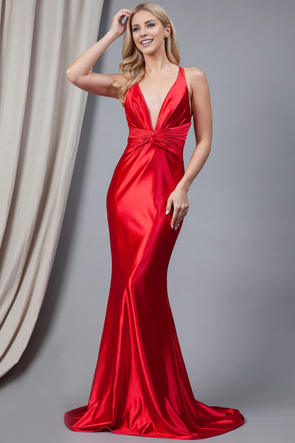 LD-A line deep V-shaped satin backless round neck long evening dress