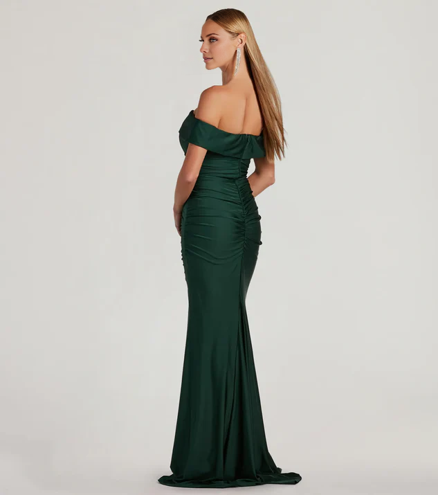LD off shoulder collar sleeveless backless side slit and floor length Prom dress