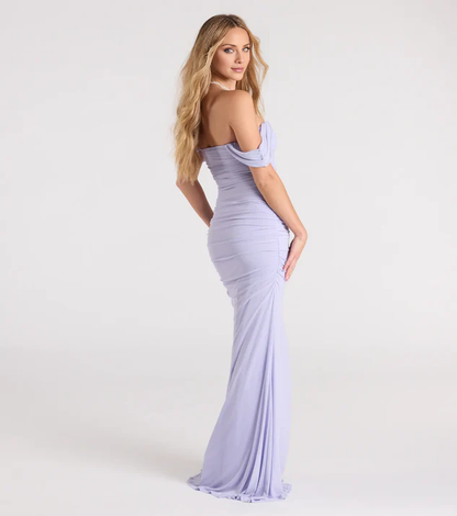 LD off shoulder collar sleeveless backless side slit and floor length Prom dress