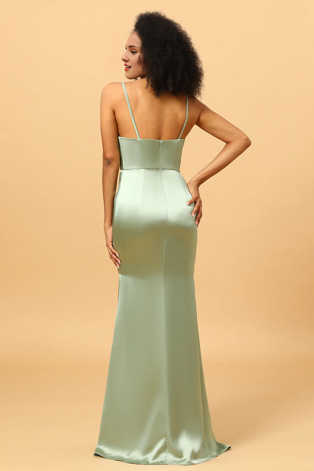 Sage fishtail neckline long satin bridesmaid dress
